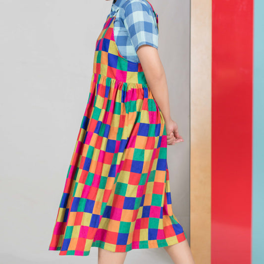 Colourful Checkered Midi Pinafore Dress